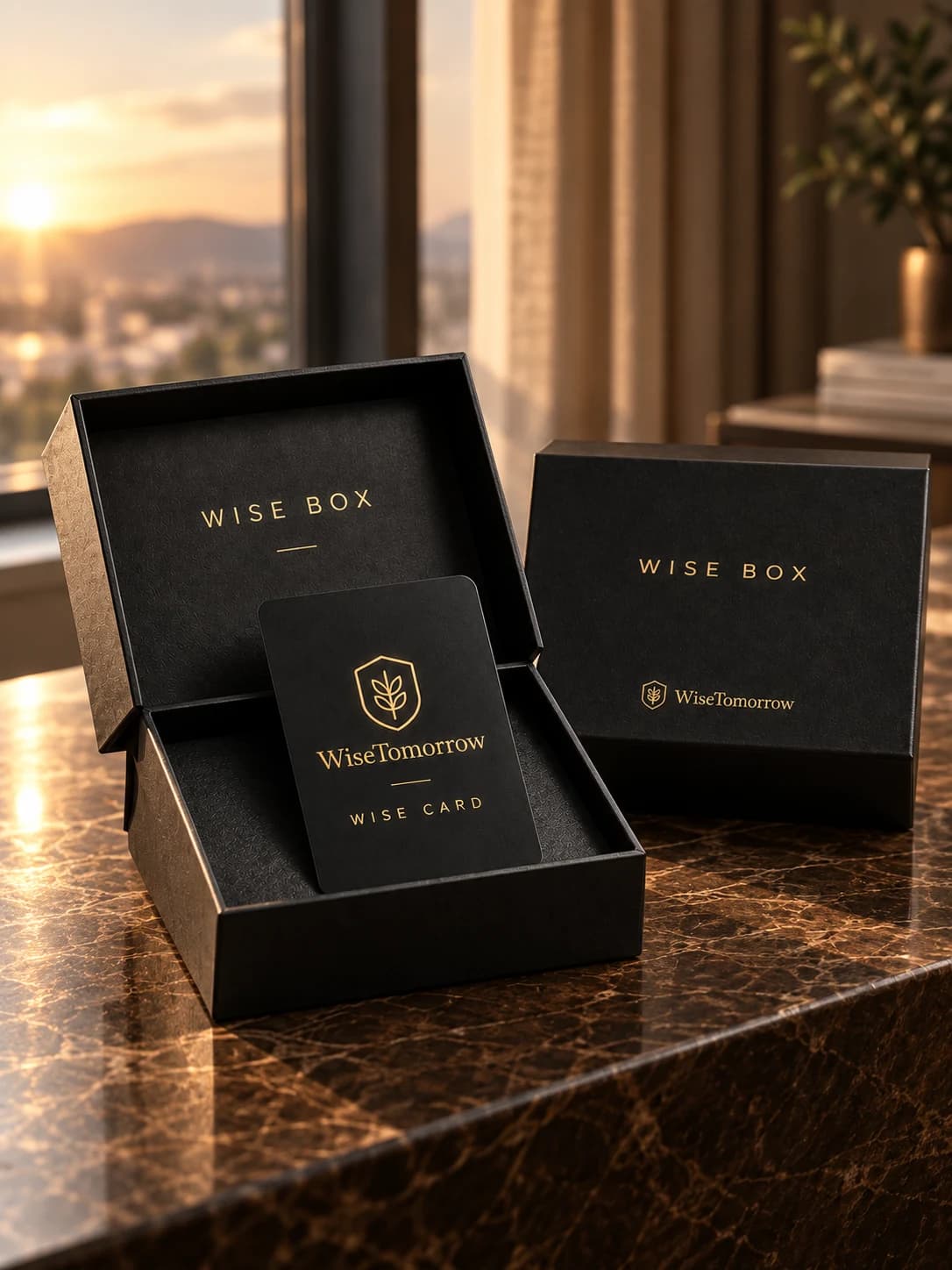The black and gold Wise Box and Wise Card on a marble table