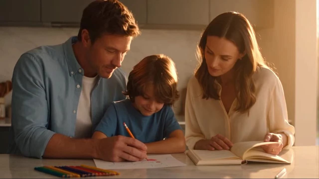 A family spending a quiet moment drawing together at home, from the WiseTomorrow film