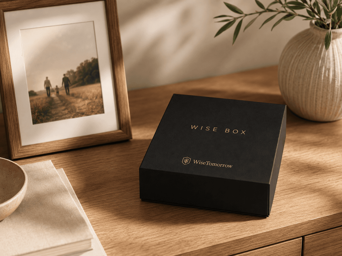 A closed black and gold Wise Box on a wooden dresser beside a family photograph